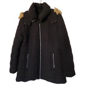 Marc New York Andrew Marc Black Quilted Faux Down Puffer Coat Faux Fur Trim XL